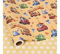Vnaaem Reversible Wrapping Paper for Boys Kids - Bulldozer, Scooter Elevator, Happy Borthday Text and Yellow Dots Wrapping Paper for Holiday, Baby Shower, Craft Party, 15 x 20 Feet (Total 28.5 Metres)