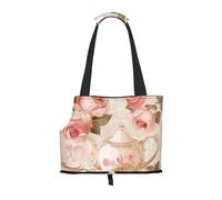 vnbbma Tea Cups with Roses Romantic Shabby Print Pet Travel Tote Bag - Foldable, Lightweight Puppies - Fashion Pet Bag for Small Dogs, Cats, for Travel, Outings
