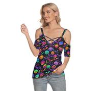 VNBNT Pumpkin Cold Shoulder Tops for Women with Criss Cross Strips Tunic Sexy Colorful Halloween Shirts Neon Bats