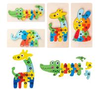 Vndnsy 4 Pieces Wooden Jigsaw Puzzles for Toddlers,Montessori Toys,Wooden Animal Jigsaw Puzzles for Kids(Giraffe Rabbit Elephant Crocodile) for 2-4 Year Old Boys Girls Educational Color Shape Toys