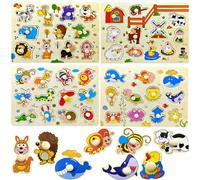 Vndnsy 4 Set Wooden Puzzles Jigsaw Toys, 4 Different Series of Puzzles,Montessori Toys, Infant Kid Fine Motor Skill Learning Educational Toys Gifts for Boys and Girls 1 2 3 Years Old