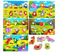 Vndnsy 5 Set Wooden Jigsaw Puzzles, Color Pictures for Preschool Educational Jigsaw-Numbers, Animals, Dinosaurs, Insects Toddler Peg Puzzles Toys for Boys and Girls 1 2 3 Years Old Toys Gifts