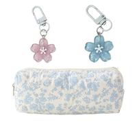 VNIDJGB 1 Piece Flower Pencil Case and 2 Pcs Cute Floral Keychain,Zipper Portable Pencil Cases Flower,Girls Cute Quilted Stationery,for Student School & Home Stationery Storage(Blue and Pink Flowers)