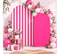 Vnmlopi Hot Pink and White Striped Arch Backdrop Cover Set of 2 (7.2ft & 6ft), Peach Skin Fabric Chiara Arch Covers for Hot Pink Princess Theme Party, Baby Girl Shower, Sweet One Birthday Décor