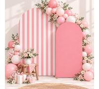 Vnmlopi Pink and White Striped Arch Backdrop Cover Set of 2 (7.2ft & 6ft), Peach Skin Fabric Chiara Arch Covers for Baby Girl Shower, Strawberry 1st Birthday, Locally Grown, Pink Circus Décor