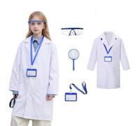 VNNOPG Kids Scientist Costume Lab Coat with Goggles Work Card Magnifier Unisex Doctor Scientist Costume White Lab Coat Dress Up,110