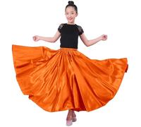 VNOEVW Girls Satin Full Dancing Circle Long Flowy Dance Skirt for Belly Dance, Flamenco, Classical & Folk Dance, Orange, 8-12 Years