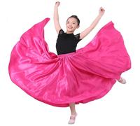VNOEVW Girls Satin Full Dancing Circle Long Flowy Dance Skirt for Belly Dance, Flamenco, Classical & Folk Dance, Rose Red, 5-7 Years