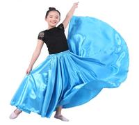 VNOEVW Girls Satin Full Dancing Circle Long Flowy Dance Skirt for Belly Dance, Flamenco, Classical & Folk Dance, Lake Blue, 5-7 Years
