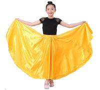 VNOEVW Girls Satin Full Dancing Circle Long Flowy Dance Skirt for Belly Dance, Flamenco, Classical & Folk Dance, Yellow, 8-12 Years