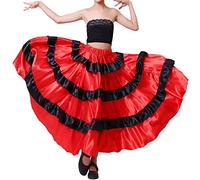 VNOEVW Women Girls Red Black Layered Ruffles Skirt for Belly Dance Spain Flamenco Gypsy Bull Performance, Red Skirt With Black Layer Ruffles, Medium