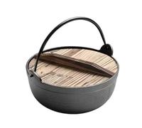 Vnook Non-stick pot, cast iron pot, cooking pot with wooden lid, uncoated soup pot, with single handle, multifunctional, for sukiyaki, noodles, ramen, soup, stews(Brown,27cm)