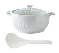 Vnook White Ceramic Soup Serving Pot, Large Soup Tureen with Glass Lid and Ladle, Soup Bowl with Diamond Lid Decoration Soup Pot for Restaurant Home(1500ml)