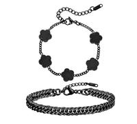 VNOX 2 PCS Floral Bracelets for Men Women -Womens Mens Stainless Steel Gold Cuban Chain Link Bracelet Lucky Charm Four Clover Flower Bracelets Trendy Jewelry Gifts, No Gemstone