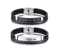 VNOX 2 x Couple Bracelets Handmade Braided Black Real Leather Bracelet His Queen and His King Matching Couples Wrist Valentine Gift, 18 cm, Stainless Steel