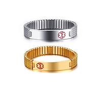 VNOX 2Pcs Medical Alert Wristband Custom Stainless Steel Adjustable Stretch Chain Medical ID Bracelet Sos ICE Personalised Engraving for Men Women,Silver + Gold