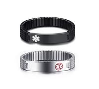 VNOX 2Pcs Medical Alert Wristband Custom Stainless Steel Adjustable Stretch Chain Medical ID Bracelet Sos ICE Personalised Engraving for Men Women,Silver + Black