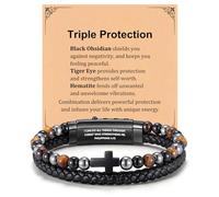 VNOX Cross Bracelet Christian Gifts for Men - 3 in 1 Triple Protection Hematite Black Obsidian Tiger Eye Rosary Beads Leather Bracelets Valentines Day Birthday Jewelry Gift for Boyfriend Husband Son