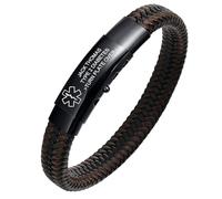 VNOX Emergency Leather Medical Bracelet for Men - 2-Tone Leather Personalized Stainless Steel Cuff, Adjustable Free Engraving SOS Bracelet for Emergency Allergy Diabetic Epilepsy