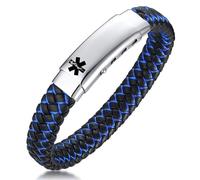 VNOX Emergency Leather Medical Bracelet for Men - Personalized Silver Stainless Steel Bangle, Adjustable Medic ID Bracelet for Autism Allergy Diabetic Epilepsy