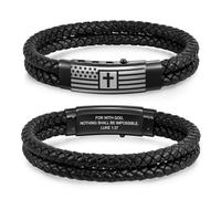 VNOX Men's Inspirational Mantra Engarved Handmade Braided Leather Adjustable Cuff Bangle Bracelet Encouragement Motivational Gift for Men, 7.5-9.5 inches, American Flag-Luke 1:37, no gemstone