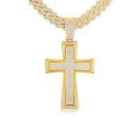 VNOX Mens Womens Large Cross Necklace with Cubic Zirconia Inlay Diamond Pendant and Iced Out Cuban Chain Miami Style Hip Hop Jewelry Halloween Costume, No Gemstone
