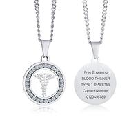VNOX Men's Women's Pharmacy Caduceus Medical Alert ID Cubic Zirconia Round Pendant Necklace Silver,Free Engraving