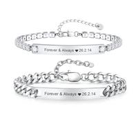VNOX Personalised Bracelet- 2pcs Custom Couple Bracelets, Stainless Steel, Cubic Zirconia, His and Hers Gift for Valentine's Day, Anniversary, Birthday, Present for Bf, Girlfriend, Soulmate