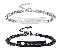 VNOX Personalised Couple Bracelets, Engraved Matching Set for Him and Her | Personalised with Names Dates Or Message, Stainless Steel Matching Bracelets for Couples, Adjustable by Removing Links