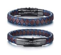 VNOX Personalize Engrave Leather Bracelets Braided Stainless Steel and Black Blue Leather Personalised Adjustacle Bracelets for Men Women,3 sizes Clasp
