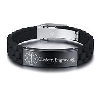 VNOX Personalized Custom Medical Alert Stainless Steel ID Tag Black Silicone Rubber Adjustable Bracelet For Men,Free Custom Engraving