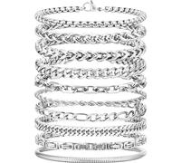 VNOX Silver Chain Bracelet for Men - 10 Pcs Solid Stainless Steel Rope/Figaro/Paperclip/Cuban Link/Snake Curb Chunky Chain Bracelet Set Wrist Band for Men Women Boys,Mens Jewelry Set, 7.5, Stainless