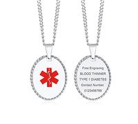 VNOX Stainless Steel Medical Alert Diabetes ID Oval Dog Tag Pendant Necklace with Cuban Chain,Free Engraving