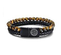 VNOX Two-Strand Braided Leather Cuff Wristband Bead Rope Bracelet Engraved Egyptian Eye of Horus/Viking Vegvisir Bracelet,Pagan Jewelry, no gemstone,