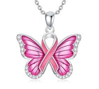 VNRIOW Breast Cancer Awareness Necklace 925 Sterling Silver Butterfly Dragonfly Pink Bow Pendant Breast Cancer Survivor Jewelry Gift for Women, Sterling Silver, Cubic Zirconia