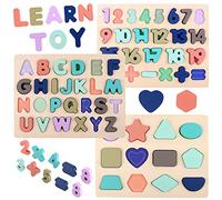 Voamuw Wooden Puzzles for Toddlers, wood Alphabet Number Shape Jigsaw for 3 4 5 Year Old Kids, Montessori Learning Educational Toys Gift for Boys Girls (Set of 3)