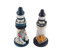 VOANZO 2Pcs Wooden Lighthouse Decoration Set Mediterranean Style Wooden Ocean Lighthouse 13cm Small Decorative Figurines with Sailing Ship and Starfish for Home Garden
