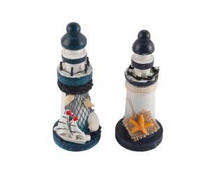 VOANZO 2Pcs Wooden Lighthouse Decoration Set Mediterranean Style Wooden Ocean Lighthouse 13cm Small Decorative Figurines with Sailing Ship and Starfish for Home Garden
