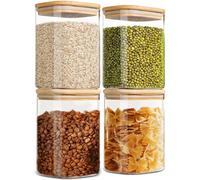 Voarge 4 Pack Glass Storage Jars with Bamboo Lid, Clear Food Storage Container Jar- Food Kitchen Canisters Sets for Spaghetti Beans Snack Flour Cereal Storage, 1100ml