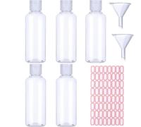 Voarge 5 Pack 100ml Plastic Bottle with 2 Small Funnel and 64 Sheets Free Labels, Transparent Plastic Air Flight Travel Bottle Set with Small Funnel for Flight, Airport, Vacation
