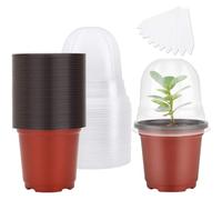 Voarge Pack of 10 10 cm Propagation Pots with Dome Lid, Brown, Small Plastic Plant Pots with Moisture Dome and 10 Pieces Plant Plugs, Round Flower Pots for Seeds, Seedlings