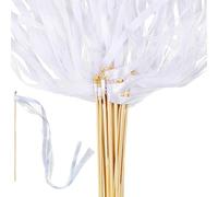 Voarge Pack of 30 Wedding Wands with Bell, White Lace Wedding Twirling Streamers, Magic Wands with Bows Bells, Lace Fairy Wand Silk Fairy Rod for Wedding, Christmas, Birthday, Party