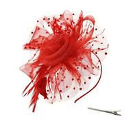 Voarge Women Fascinators Hats, Flower Fascinators Mesh Ribbons Feathers on a Headband and a Forked Clip for Wedding Garden Tea Prom Party (Red)