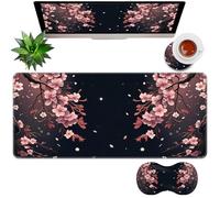 Vobber 3Pcs Mouse Pad Set, Large Desk Mat with Mouse Wrist Support and Coaster, Memory Foam Ergonomic Non-Slip Gaming Mousepad Desk Accessories for Home Office,Cherry Blossom Tree