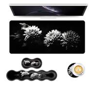 Vobber Keyboard Mouse Pad Set, Extended Gaming Mouse Pad+Ergonomics Keyboard Wrist Rest Support, Memory Foam, Easy Typing Pain Relief, 4Pcs XL Ultra Thick Desk Mat,Black White Chrysanthemum