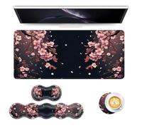 Vobber Keyboard Mouse Pad Set, Extended Gaming Mouse Pad+Ergonomics Keyboard Wrist Rest Support, Memory Foam, Easy Typing Pain Relief, 4Pcs XL Ultra Thick Desk Mat,Cherry Blossom Tree