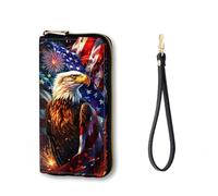 Vobber RFID Blocking Zip Around Wallet for Women with Detachable Strap, Eagle with American Flag, Wallet-A, Casual