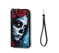 Vobber RFID Blocking Zip Around Wallet for Women with Detachable Strap, Sugar Skull with Red Roses, Wallet-A, Casual