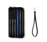 Vobber RFID Blocking Zip Around Wallet for Women with Detachable Strap, Thin Blue Line American Flag, Wallet-A, Casual