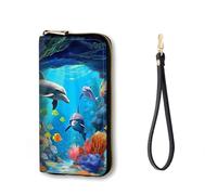 Vobber RFID Blocking Zip Around Wallet for Women with Detachable Strap, Underwater World Dolphins, Wallet-A, Casual